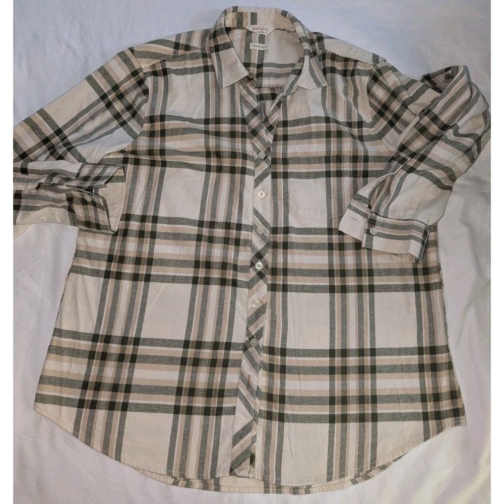 Weatherproof‎ Vintage Comfort Stretch Women's Large Tan Button Up Flannel Shirt